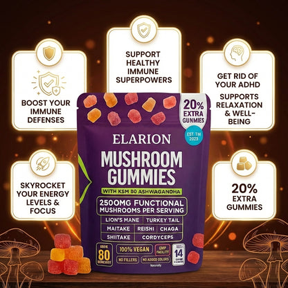 Elarion™ Mushroom Ashwagandha Gummies (Limited Time Offer)